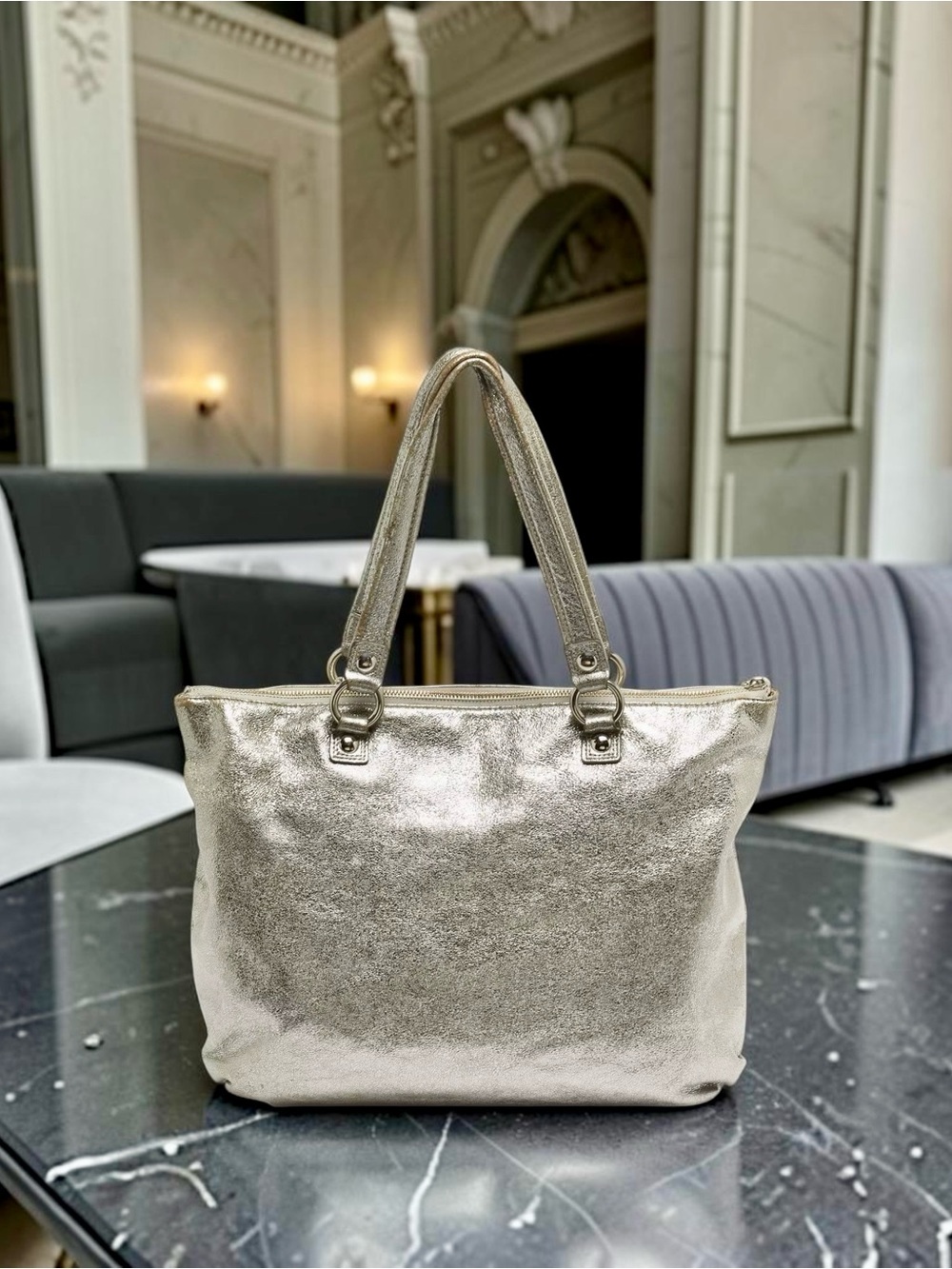COACH Poppy Metallic Silver Glam Tote – Y2K Statement Bag - Picture 3 of 8